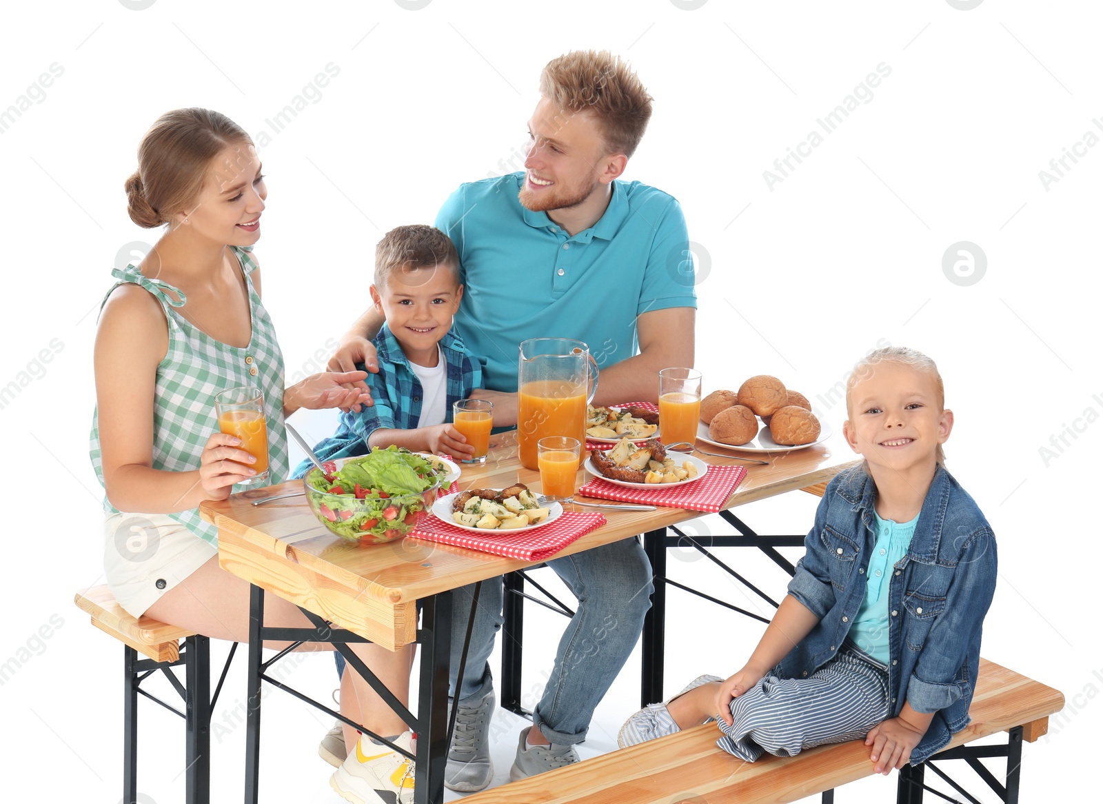 Photo of Happy family having picnic at table on white background