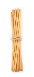 Delicious grissini sticks on white background, top view