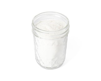 Photo of Baking powder in glass jar isolated on white