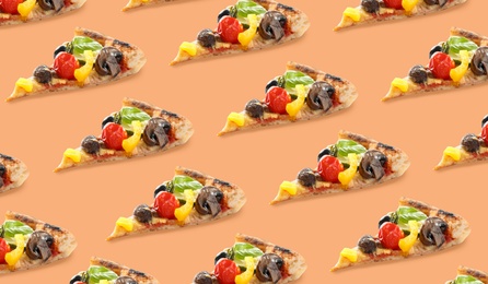 Image of Pizza slices on pale orange background. Pattern design 