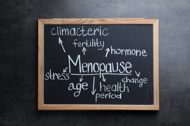 Photo of Blackboard with word Menopause and its symptoms on dark grey table, top view