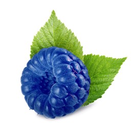 Image of Fresh blue raspberry and green leaves isolated on white