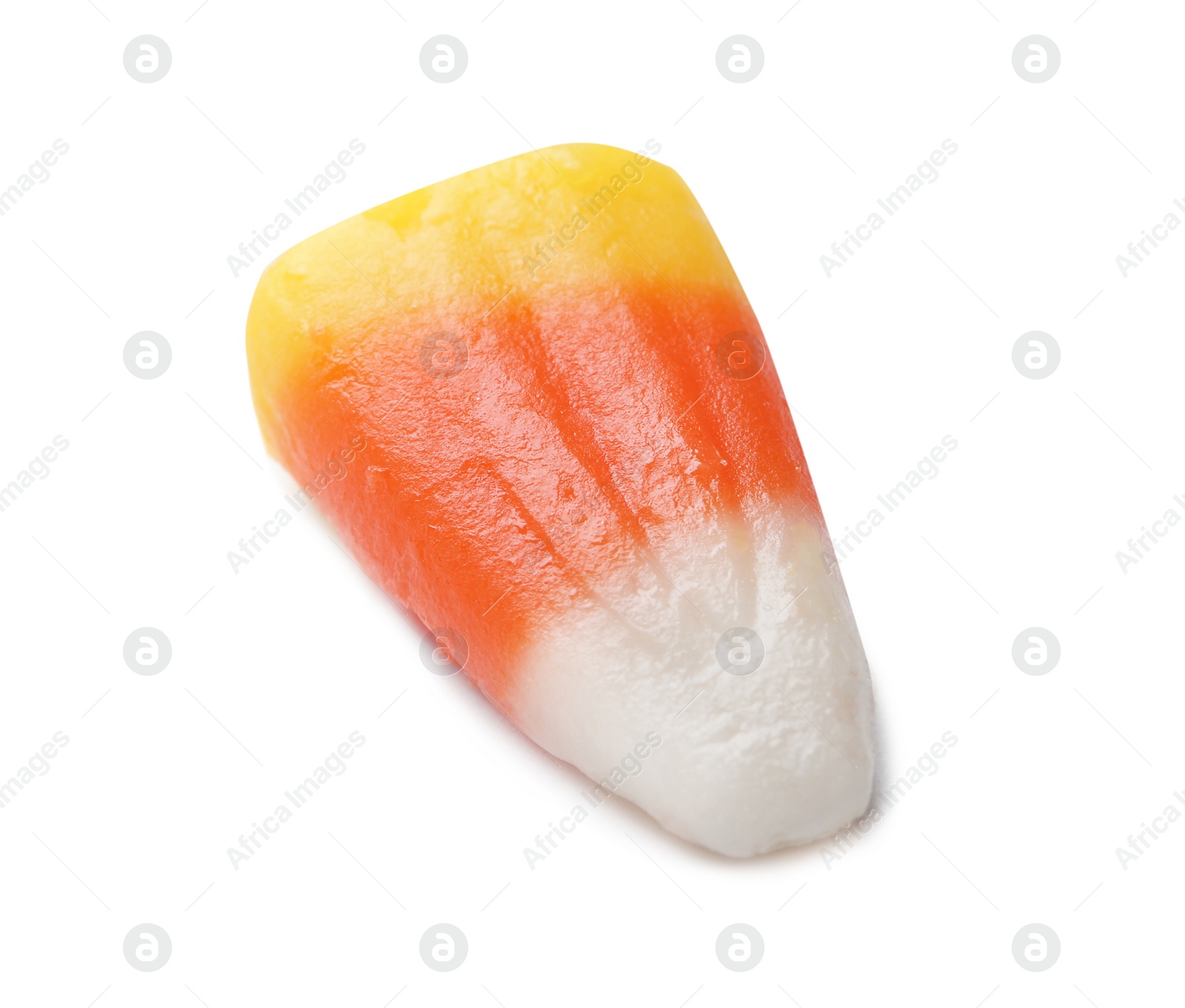 Photo of Colorful candy corn for Halloween party on white background