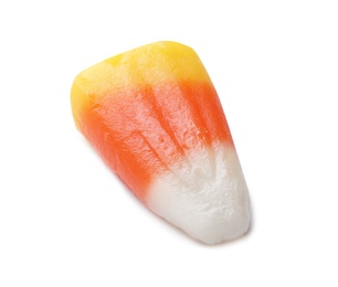 Photo of Colorful candy corn for Halloween party on white background