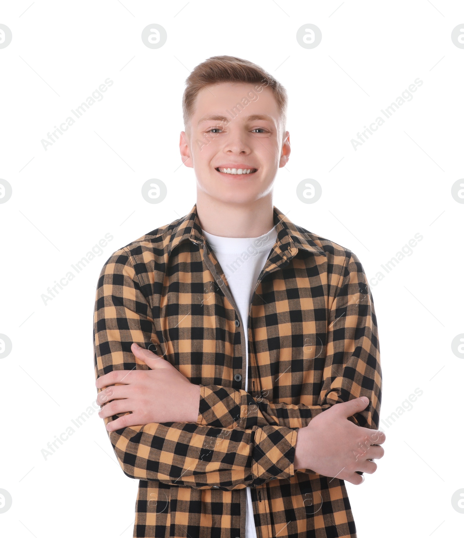 Photo of Portrait of teenage boy on white background