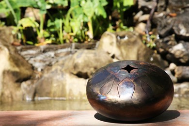 Photo of Steel tongue drum near pond on sunny day, space for text. Percussion musical instrument