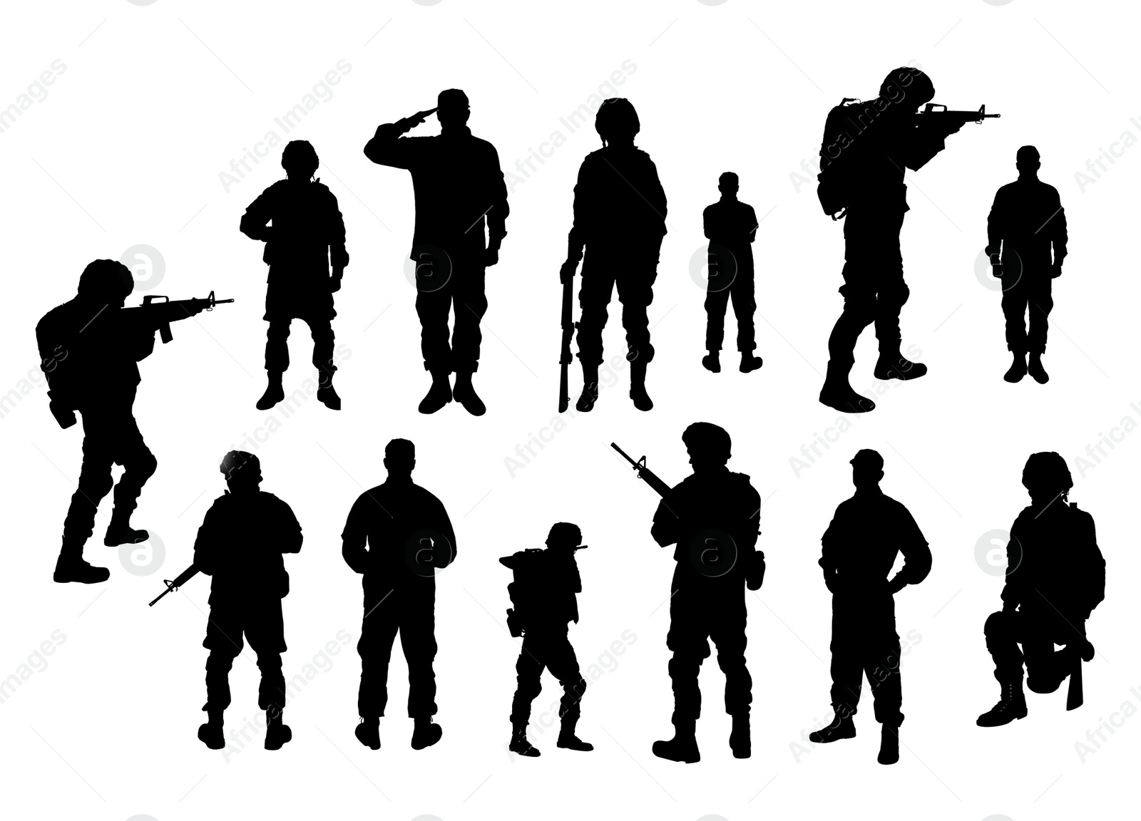 Image of Collage with silhouettes of soldiers on white background. Military service