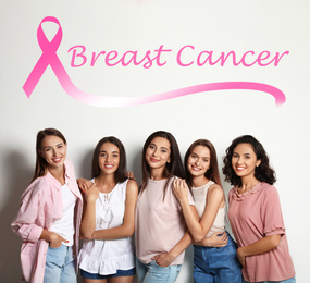 Image of Breast cancer awareness. Group of women on white background