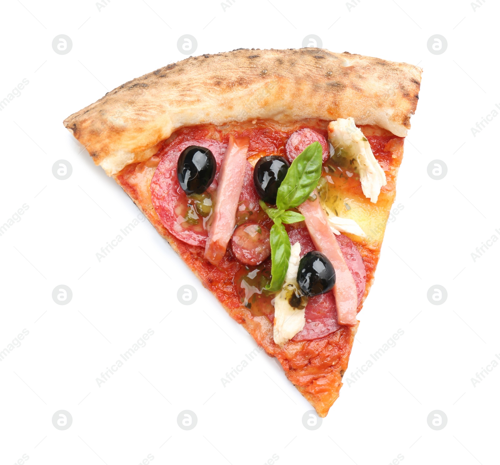 Photo of Slice of delicious pizza isolated on white, top view