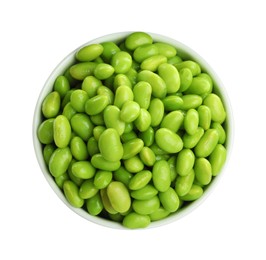 Photo of Bowl with fresh edamame soybeans on white background, top view