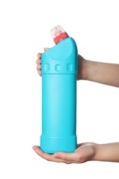 Photo of Woman holding bottle of liquid toilet cleaner on white background, closeup