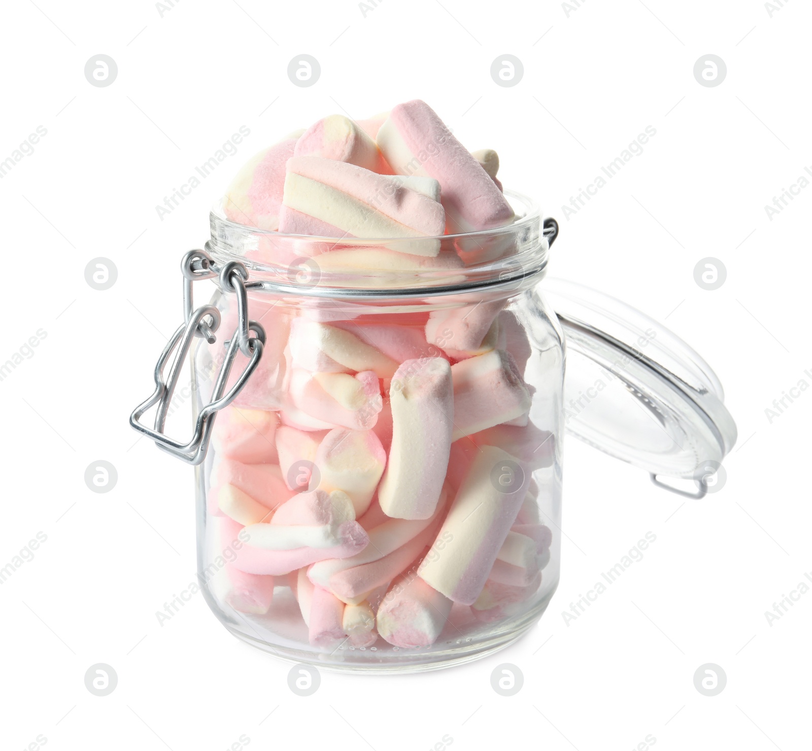 Photo of Tasty marshmallows in glass jar isolated on white