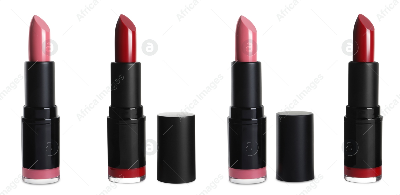 Image of Set with different beautiful lipsticks on white background