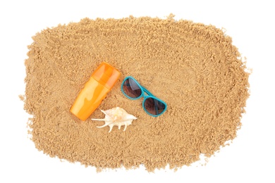 Photo of Composition with beach objects on white background, top view