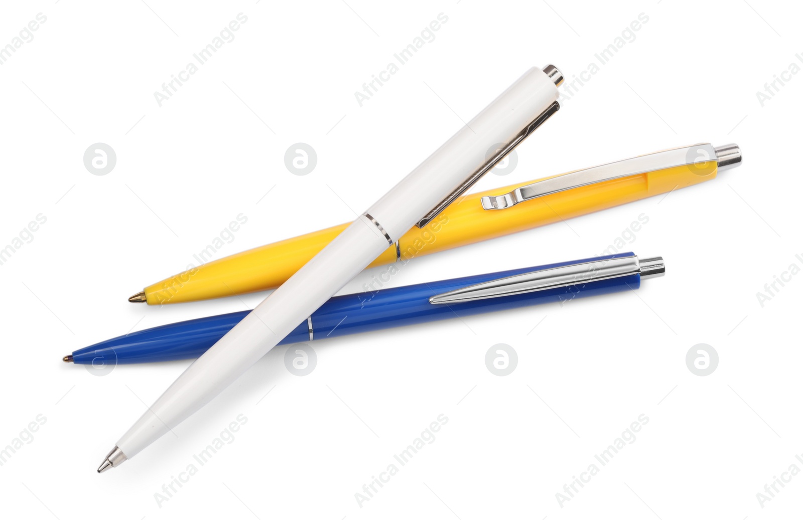 Photo of New stylish color pens isolated on white, top view