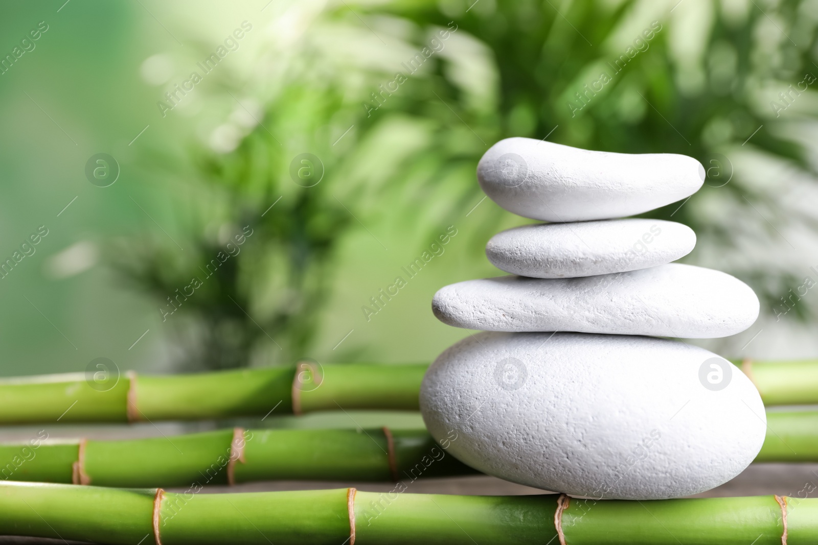 Photo of Stacked white spa stones on bamboo stems against blurred background. Space for text