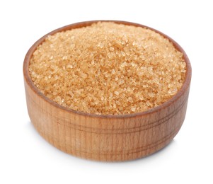 Photo of Wooden bowl with brown sugar on white background