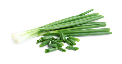 Photo of Fresh green spring onions isolated on white