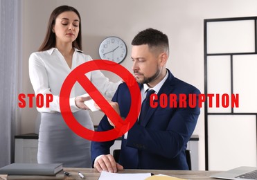 Image of Stop corruption. Illustration of red prohibition sign and woman giving bribe to man at table in office
