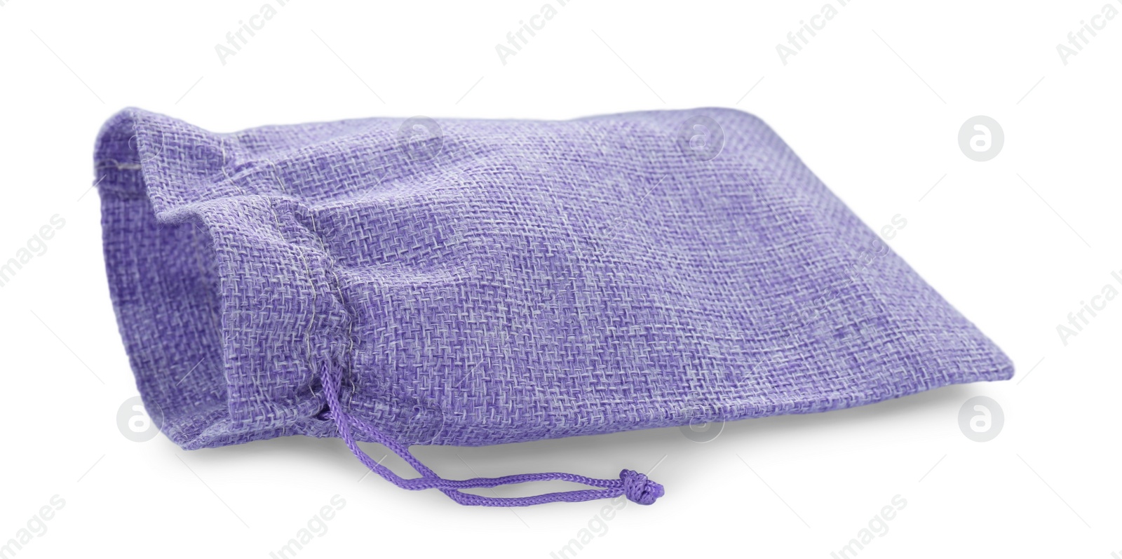 Photo of One violet burlap bag isolated on white