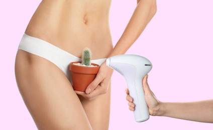 Image of Hair removal concept. Lady with cactus and woman holding photoepilator on pink background, closeup 