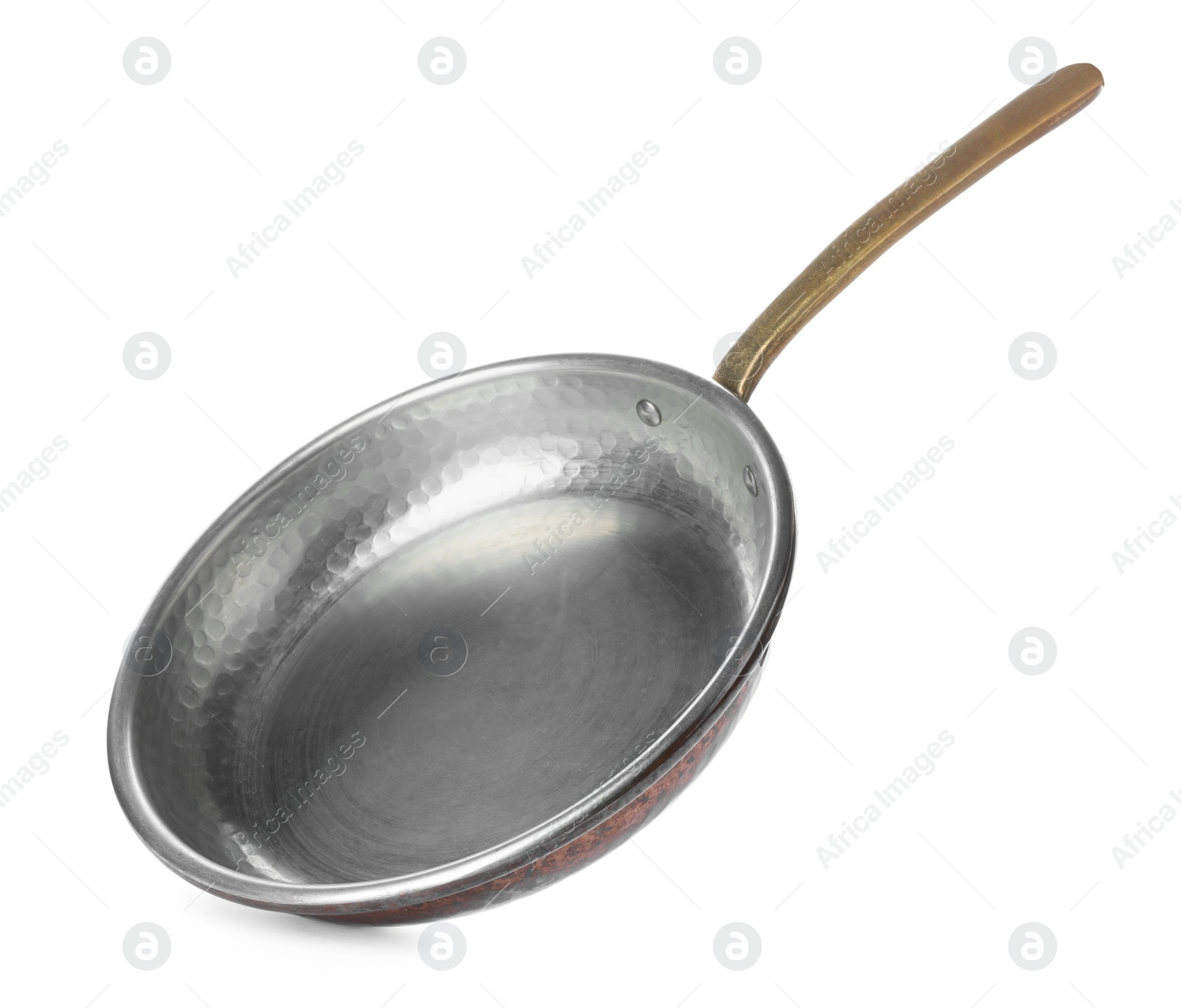 Photo of New metal frying pan isolated on white