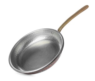 Photo of New metal frying pan isolated on white