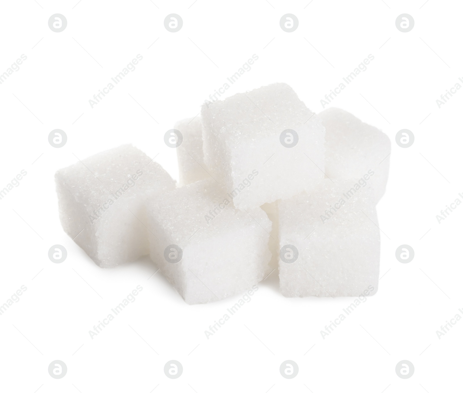 Photo of Many refined sugar cubes isolated on white