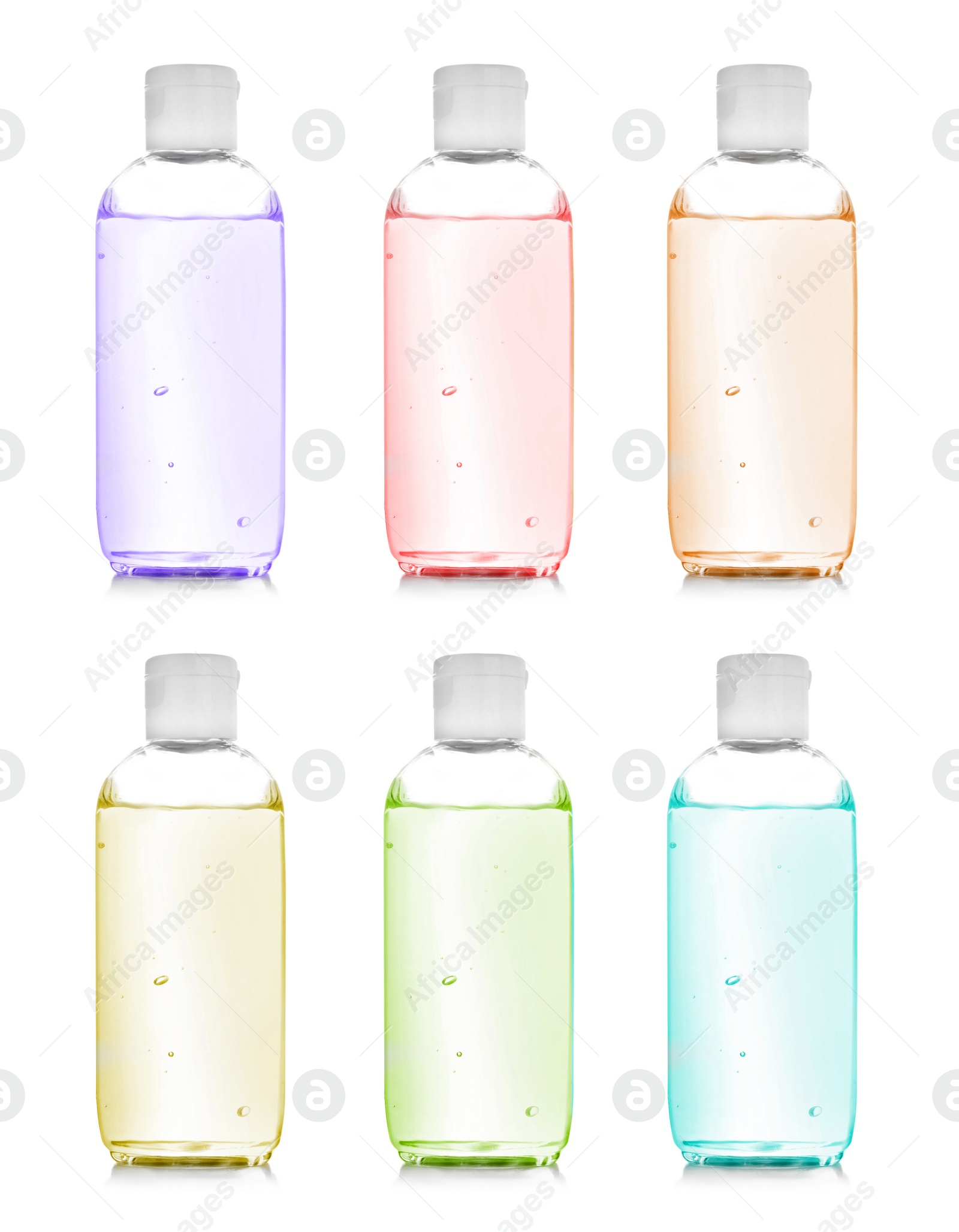 Image of Set of different antibacterial hand gels on white background