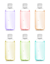 Image of Set of different antibacterial hand gels on white background