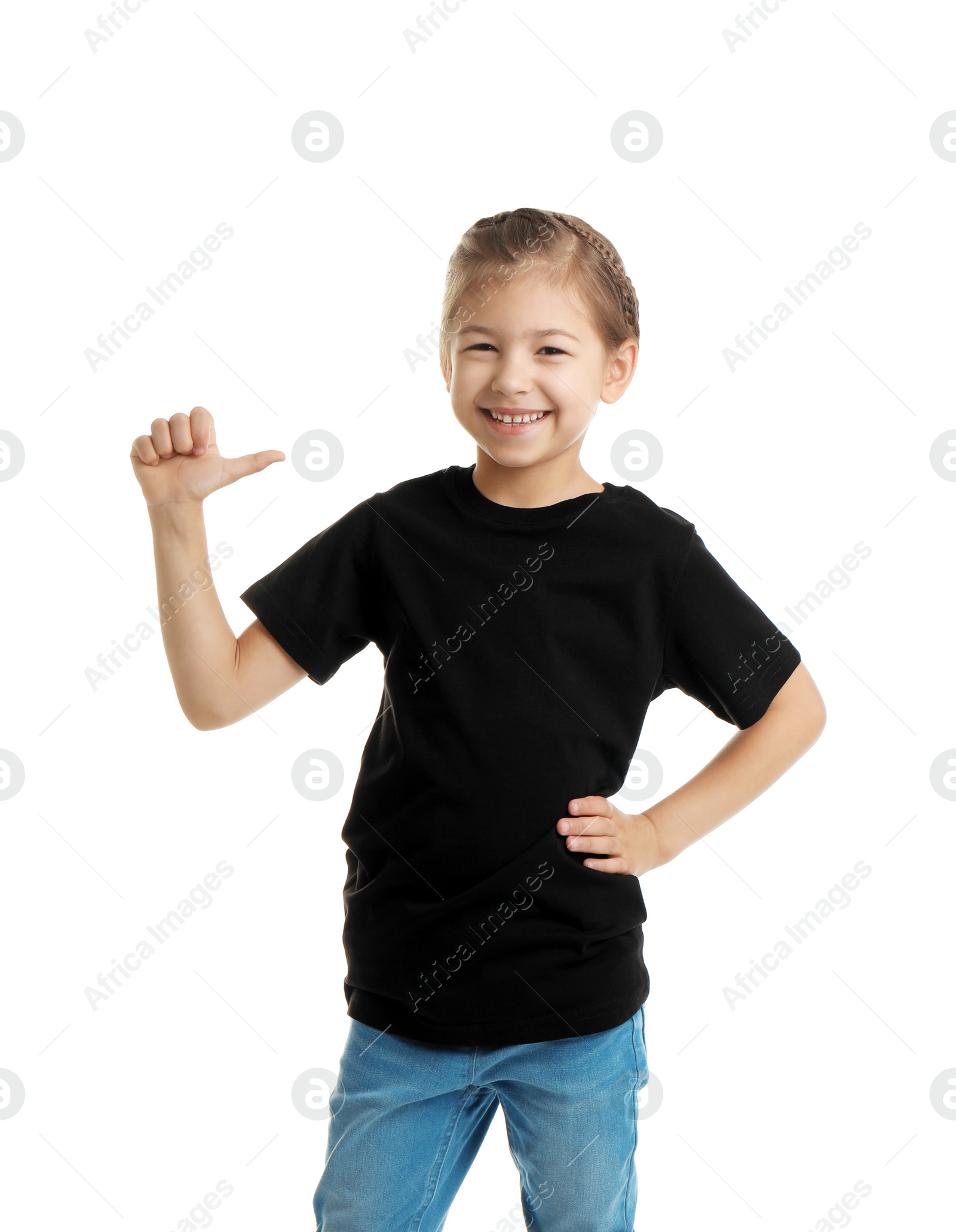 Photo of Little girl in t-shirt on white background. Mockup for design