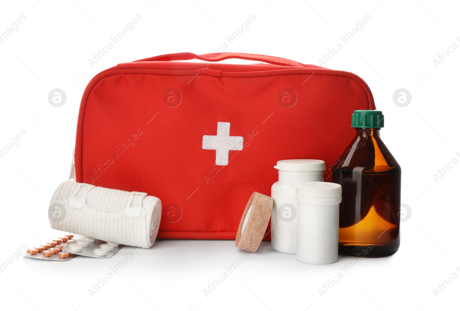 Photo of First aid kit on white background. Health care