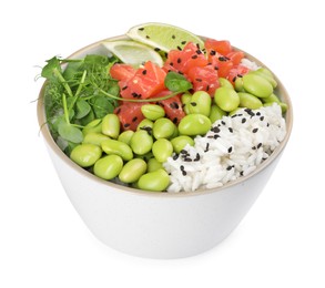 Photo of Delicious poke bowl with lime, fish and edamame beans on white background