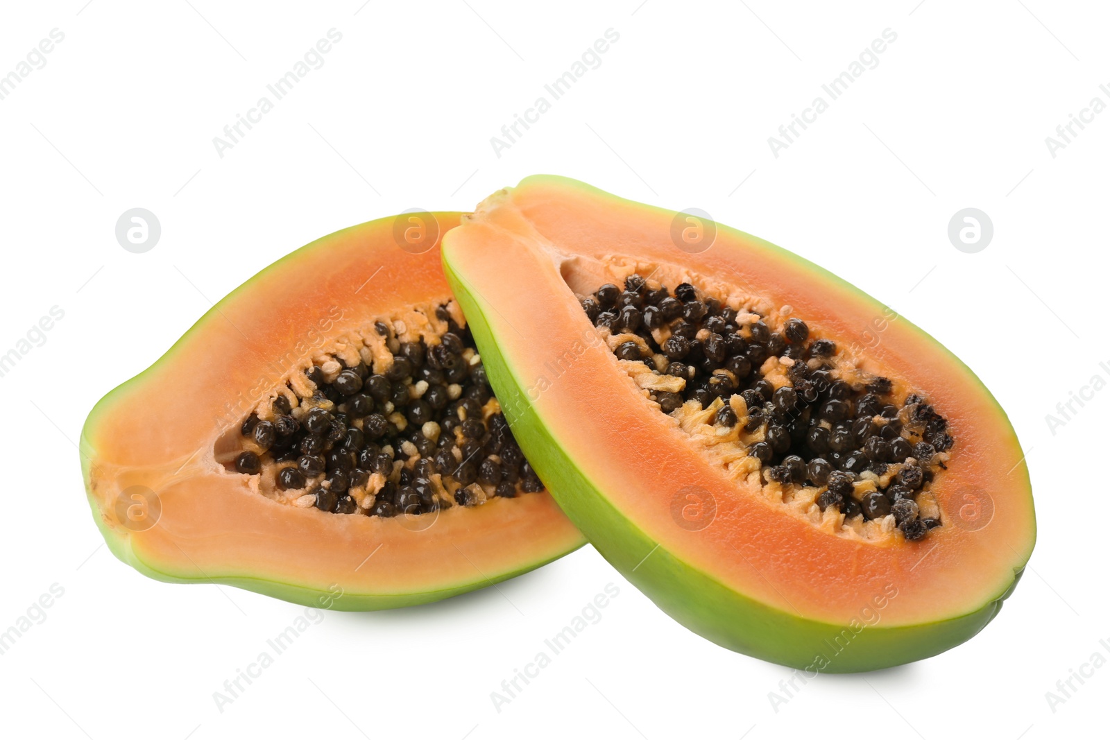 Photo of Fresh halved papaya fruit on white background