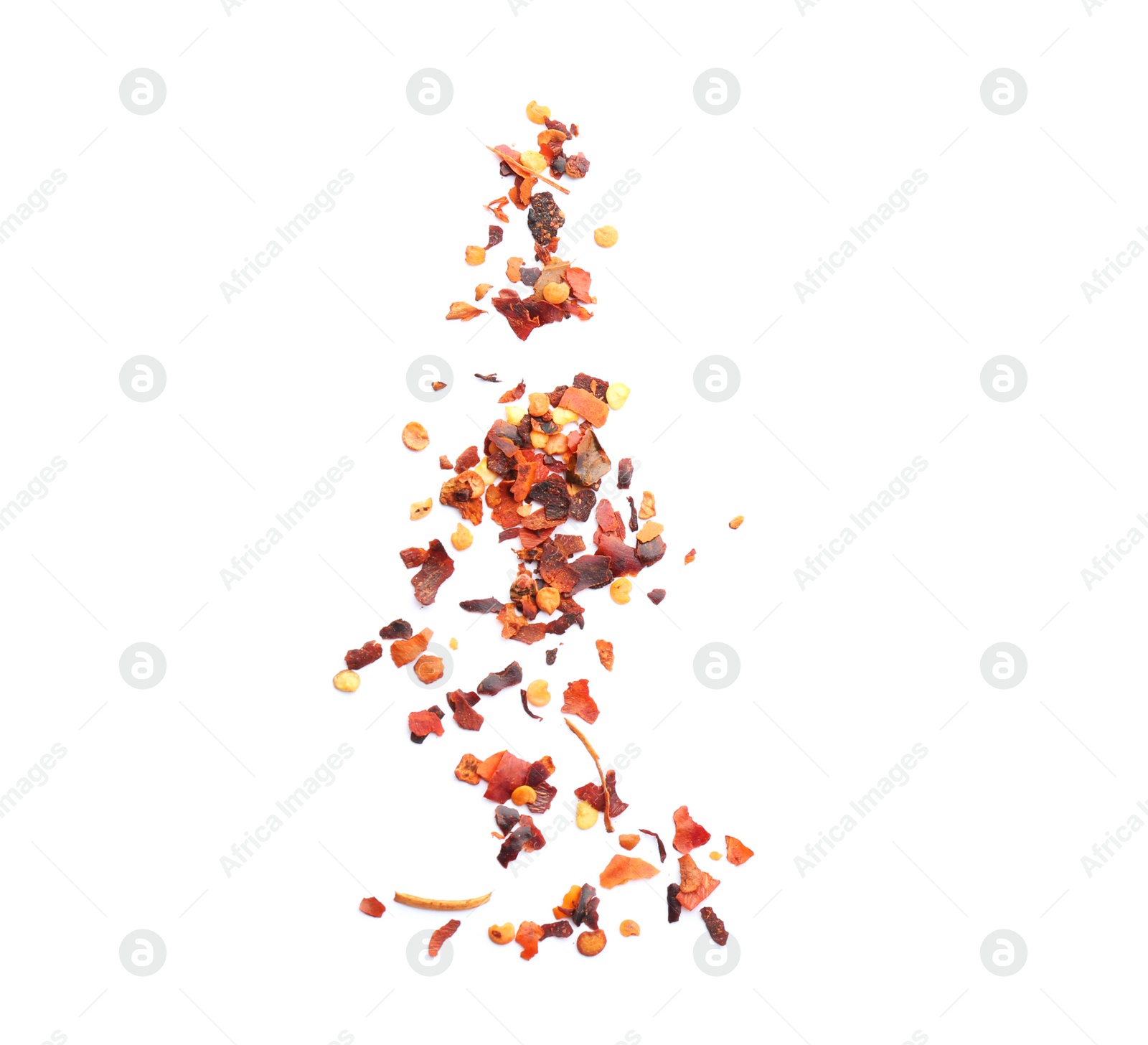 Photo of Chili pepper flakes on white background, top view