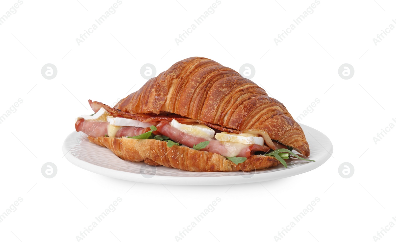 Photo of Tasty croissant with brie cheese, ham and bacon isolated on white