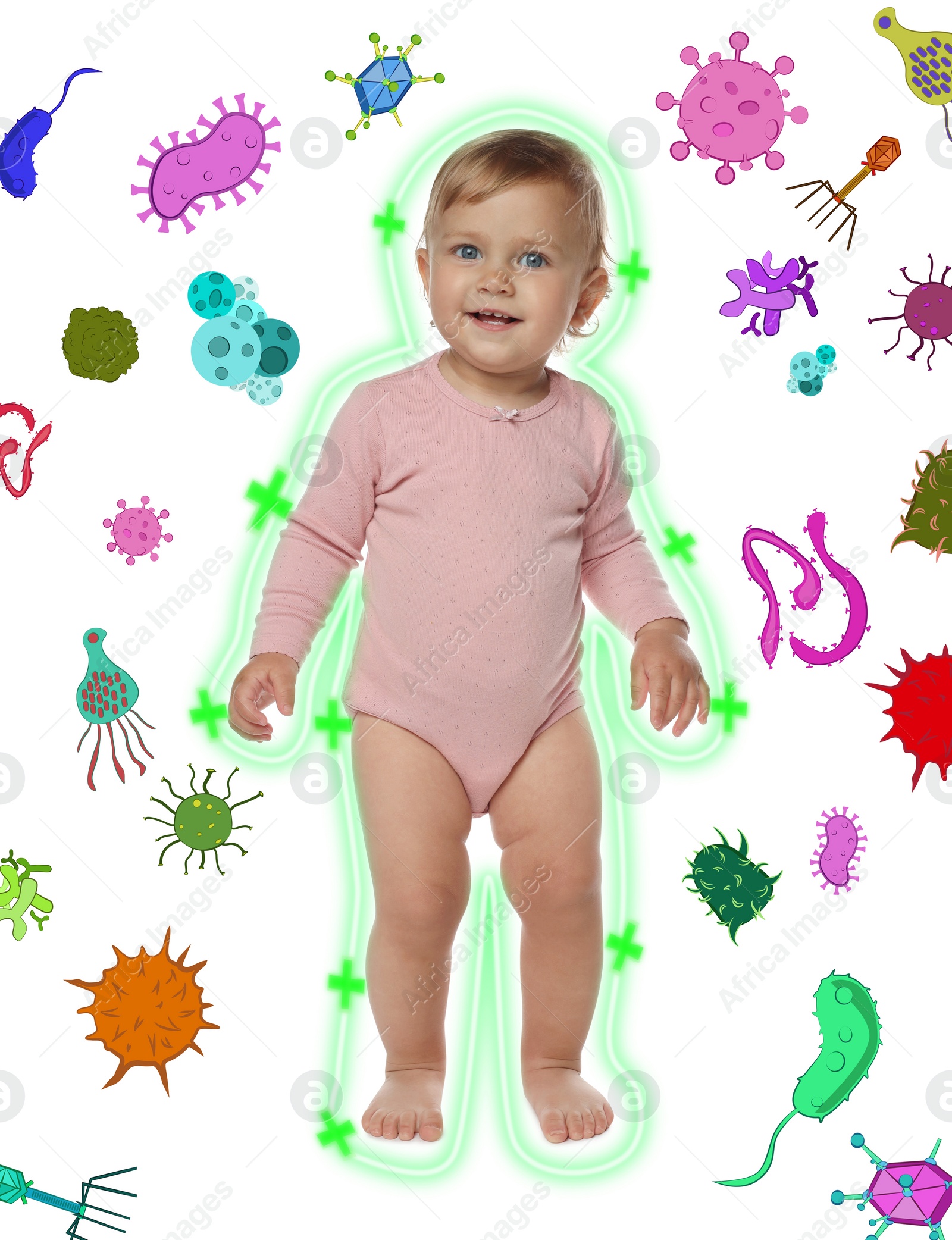 Illustration of Cute little baby surrounded by drawn viruses on white background. Strong immunity concept