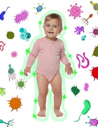 Illustration of Cute little baby surrounded by drawn viruses on white background. Strong immunity concept