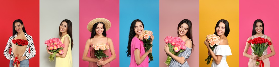 Charming lady with beautiful flowers on different colors backgrounds, collage. 8 March - Happy Women's Day