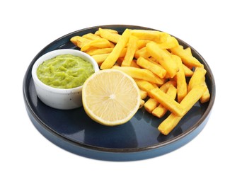 Photo of Plate with delicious french fries, avocado dip and lemon isolated on white