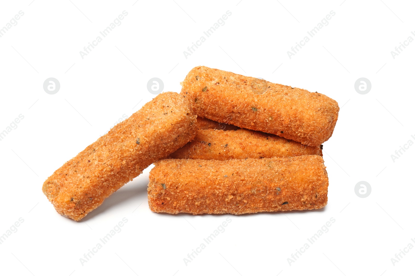 Photo of Pile of tasty cheese sticks isolated on white