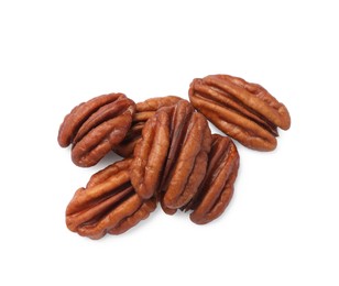 Photo of Tasty pecan nuts isolated on white, top view