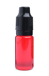 Bottle of red food coloring on white background