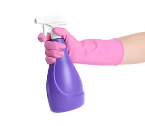 Photo of Woman in pink rubber gloves with spray detergent on white background, closeup of hand