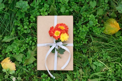 Photo of Book decorated with chrysanthemum flowers on grass outdoors, top view