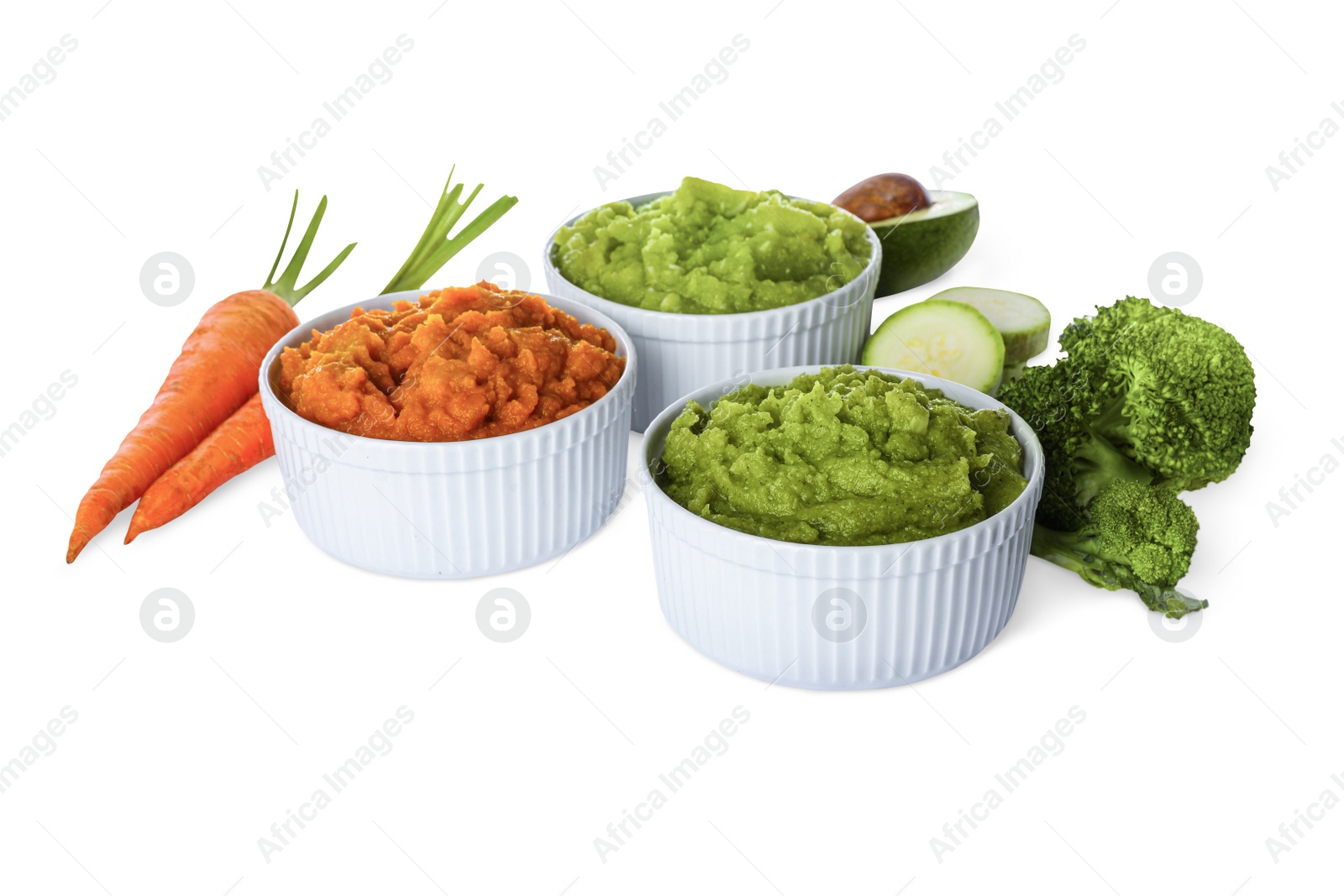 Photo of Different delicious puree in bowls and fresh ingredients on white background. Healthy food