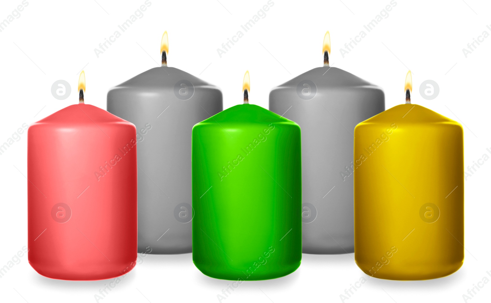 Image of Set of burning color candles on white background