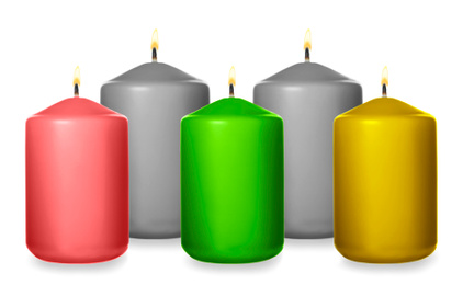 Image of Set of burning color candles on white background