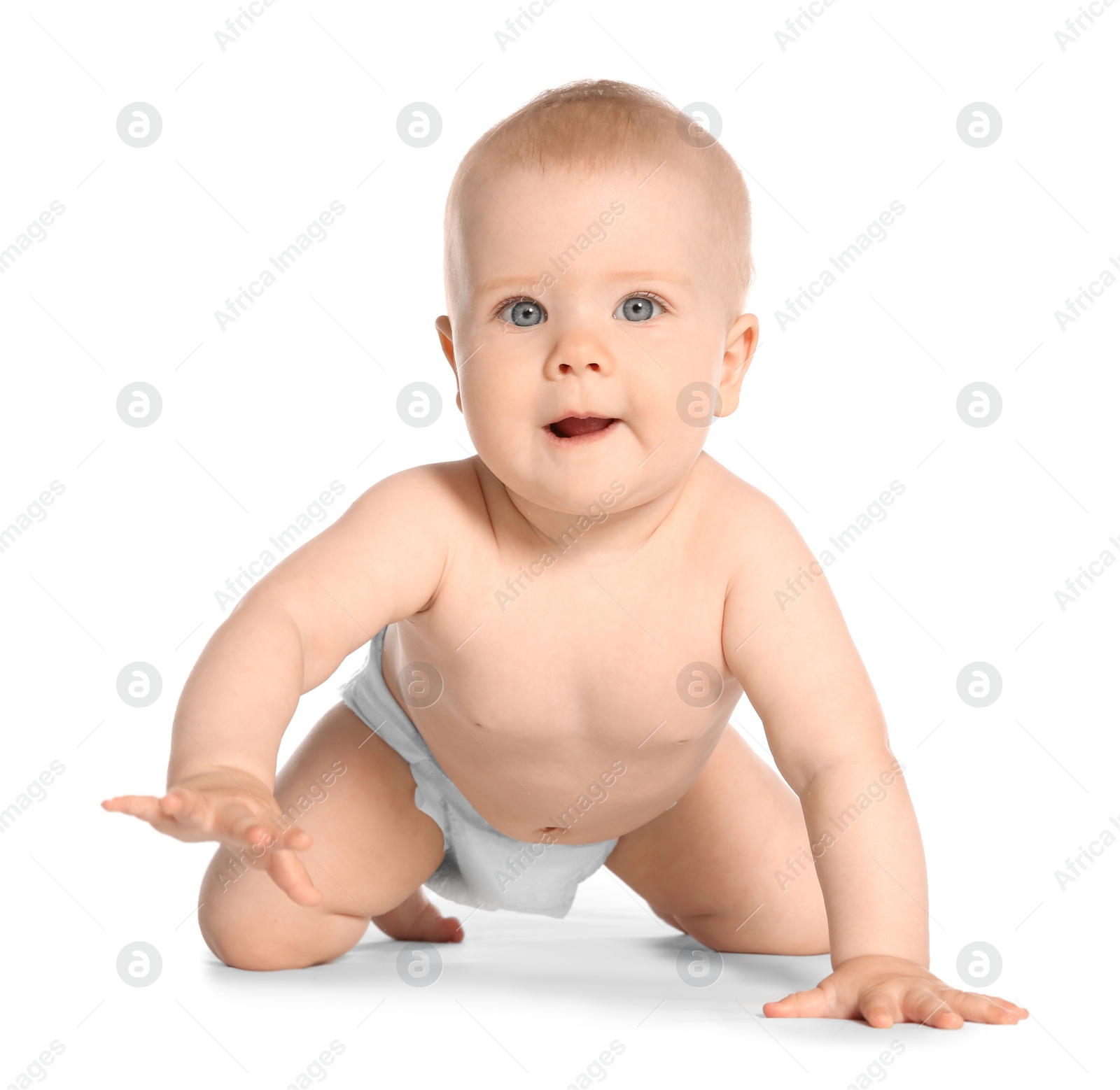 Photo of Cute little baby crawling on white background