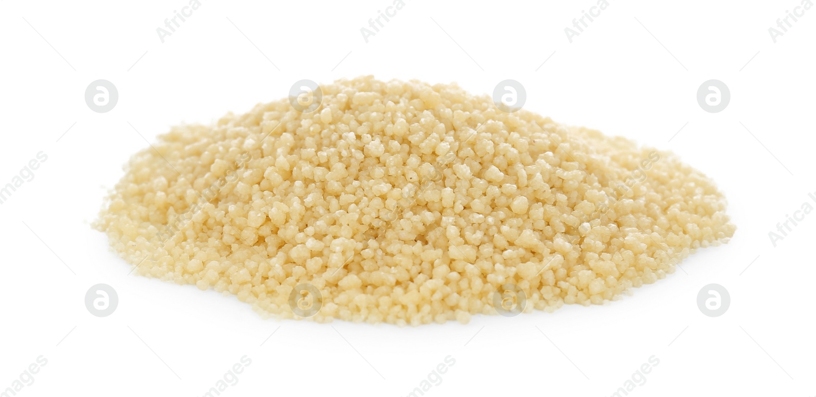 Photo of Pile of raw couscous on white background